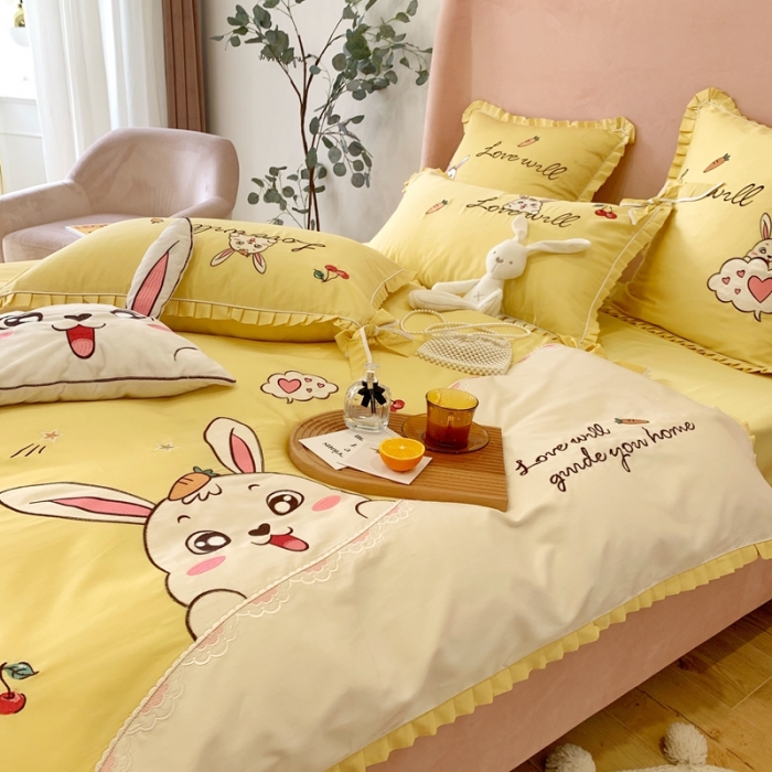 91家纺网 家纺一手货源 找家纺 馨蕊家居 2021新款60s双股埃及长绒棉四件套 玥宝兔黄