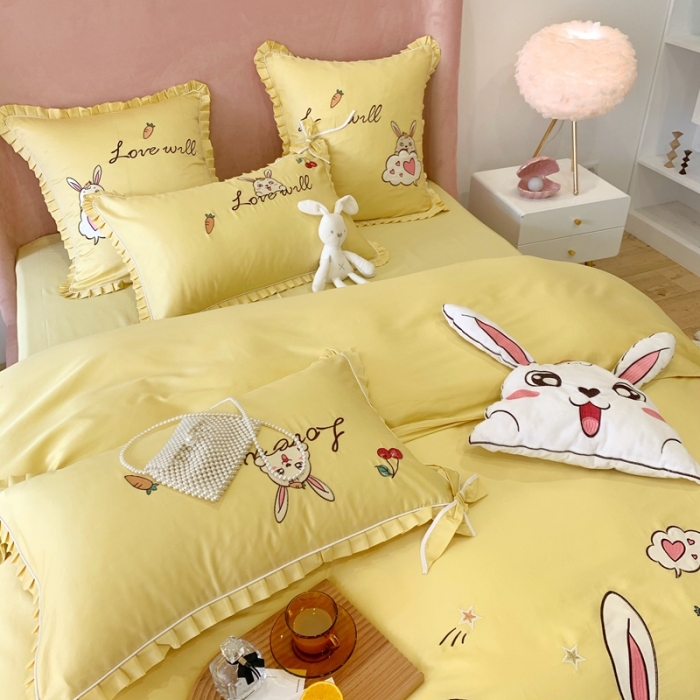 91家纺网 家纺一手货源 找家纺 馨蕊家居 2021新款60s双股埃及长绒棉四件套 玥宝兔黄