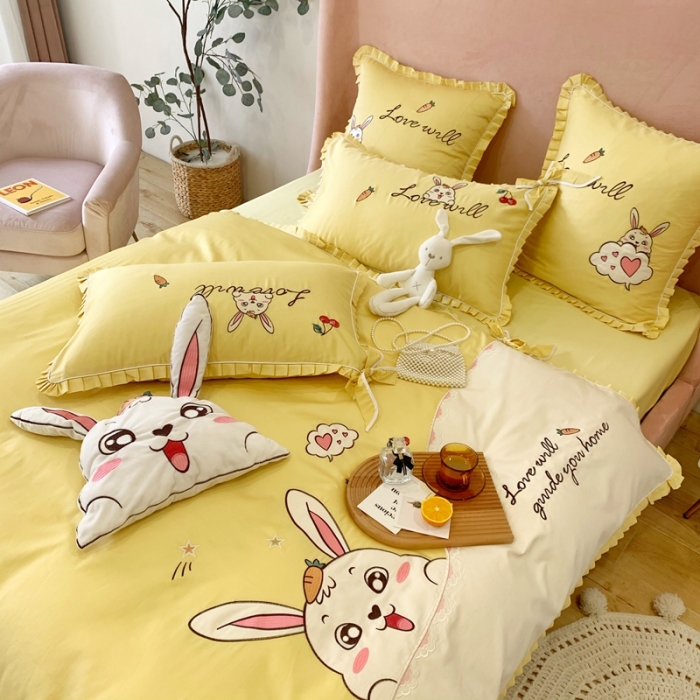 91家纺网 家纺一手货源 找家纺 馨蕊家居 2021新款60s双股埃及长绒棉四件套 玥宝兔黄