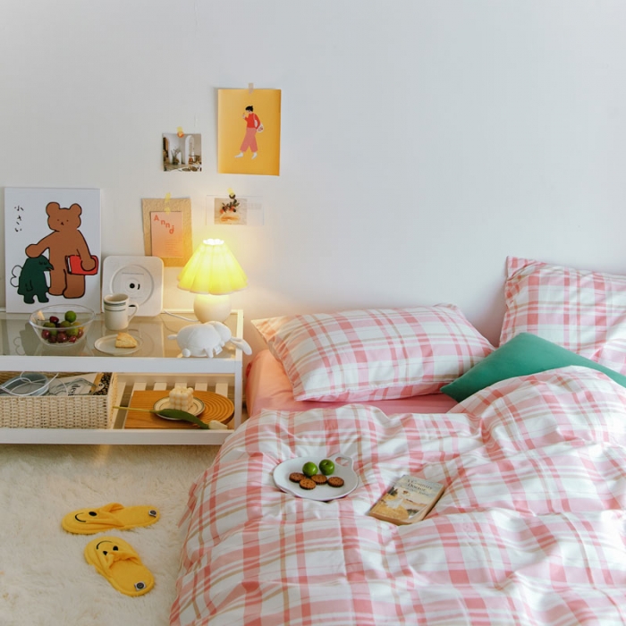 91家纺网 家纺一手货源 找家纺 梦家居 2020新款全棉复古格系列四件套 复古粉格