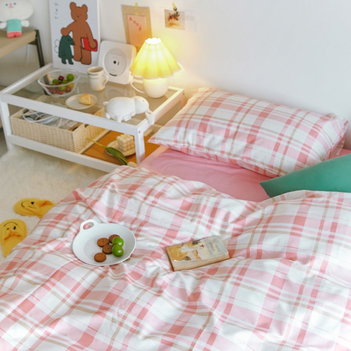 91家纺网 家纺一手货源 找家纺 梦家居 2020新款全棉复古格系列四件套 复古粉格