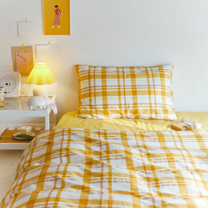 91家纺网 家纺一手货源 找家纺 梦家居 2020新款全棉复古格系列四件套 复古黄格