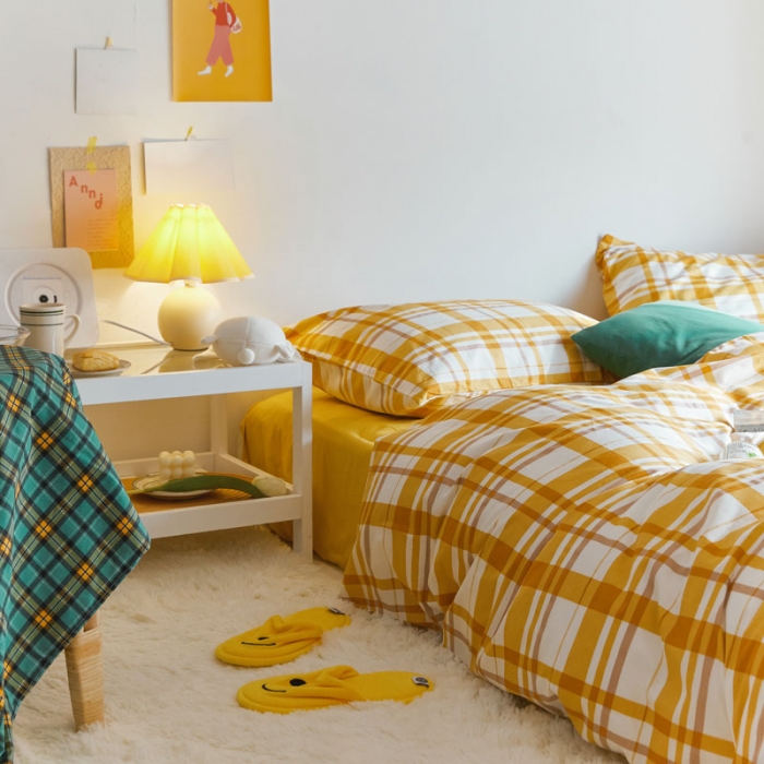 91家纺网 家纺一手货源 找家纺 梦家居 2020新款全棉复古格系列四件套 复古黄格