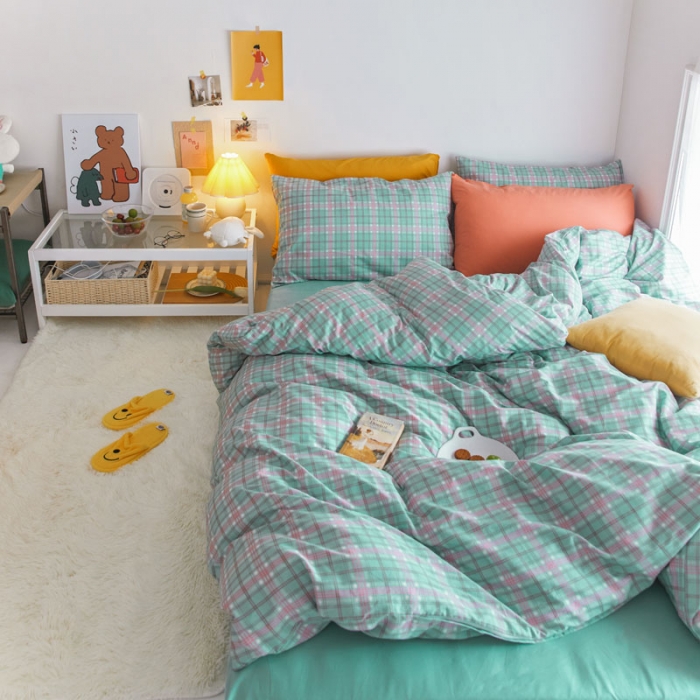 91家纺网 家纺一手货源 找家纺 梦家居 2020新款全棉复古格系列四件套 奶油粉绿格