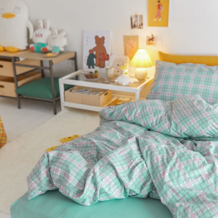 91家纺网 家纺一手货源 找家纺 梦家居 2020新款全棉复古格系列四件套 奶油粉绿格