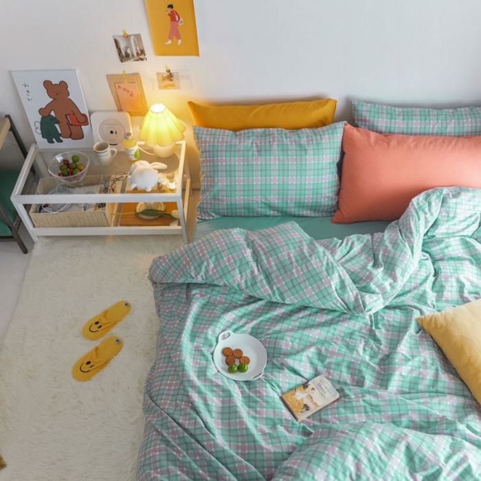 91家纺网 家纺一手货源 找家纺 梦家居 2020新款全棉复古格系列四件套 奶油粉绿格