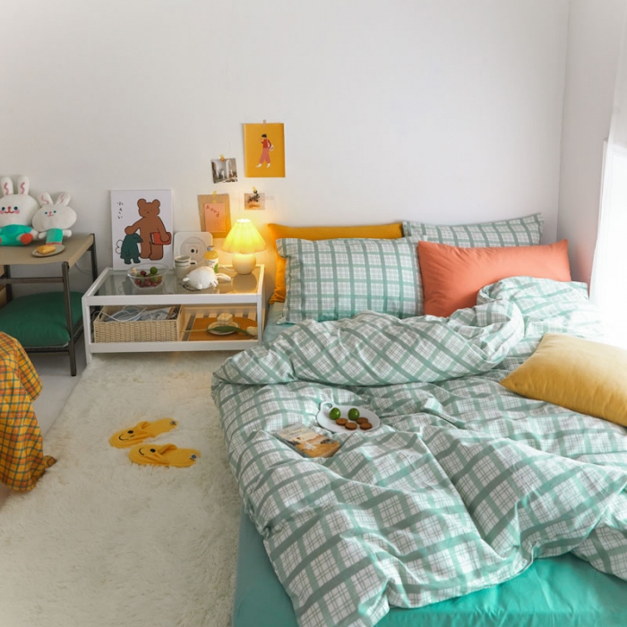 91家纺网 家纺一手货源 找家纺 梦家居 2020新款全棉复古格系列四件套 奶油绿格