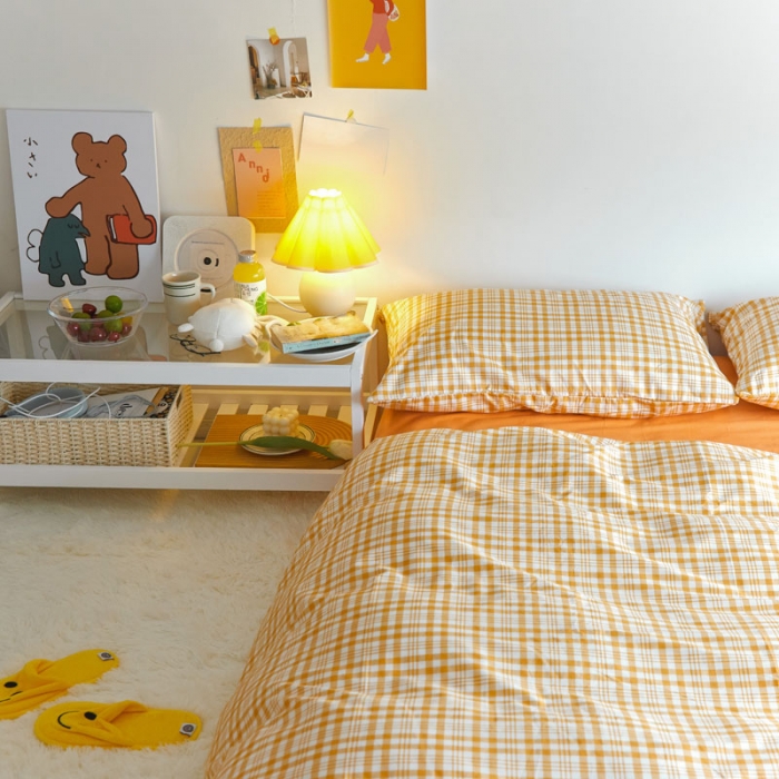 91家纺网 家纺一手货源 找家纺 梦家居 2020新款全棉复古格系列四件套 奶油小黄格