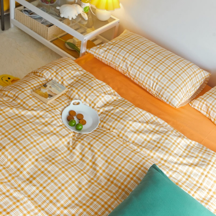 91家纺网 家纺一手货源 找家纺 梦家居 2020新款全棉复古格系列四件套 奶油小黄格