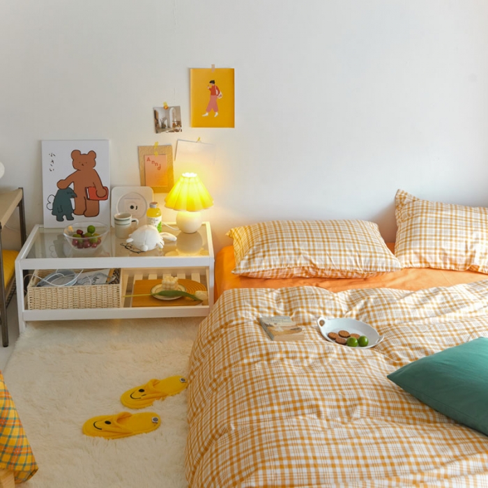 91家纺网 家纺一手货源 找家纺 梦家居 2020新款全棉复古格系列四件套 奶油小黄格