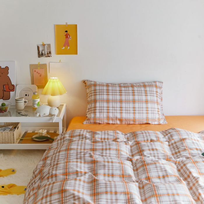 91家纺网 家纺一手货源 找家纺 梦家居 2020新款全棉复古格系列四件套 奶油棕格