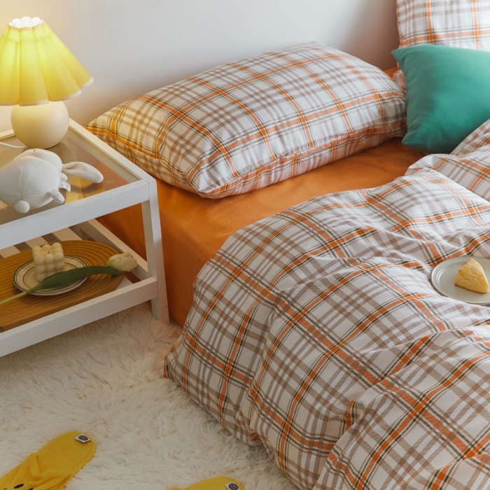 91家纺网 家纺一手货源 找家纺 梦家居 2020新款全棉复古格系列四件套 奶油棕格