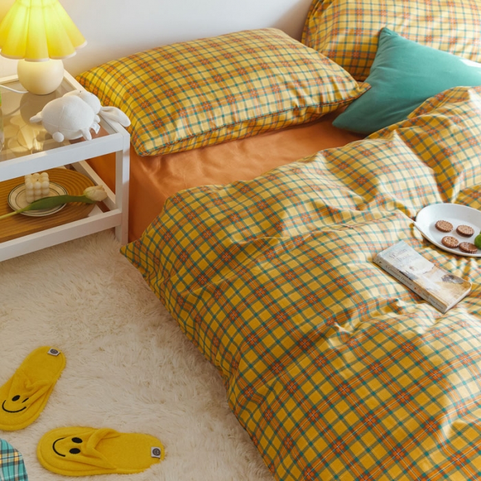 91家纺网 家纺一手货源 找家纺 梦家居 2020新款全棉复古格系列四件套 温柔小黄格