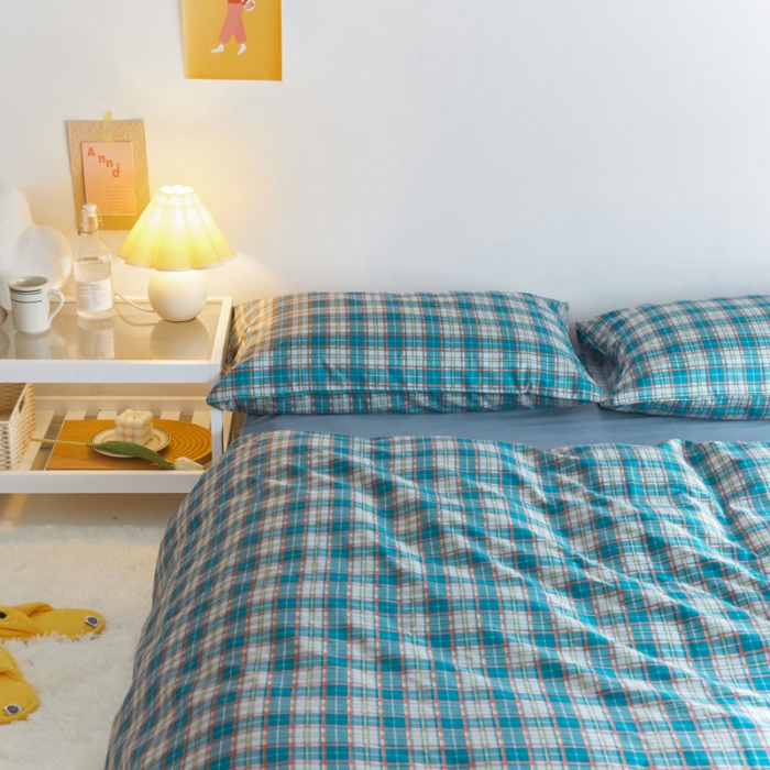 91家纺网 家纺一手货源 找家纺 梦家居 2020新款全棉复古格系列四件套 温柔小蓝格