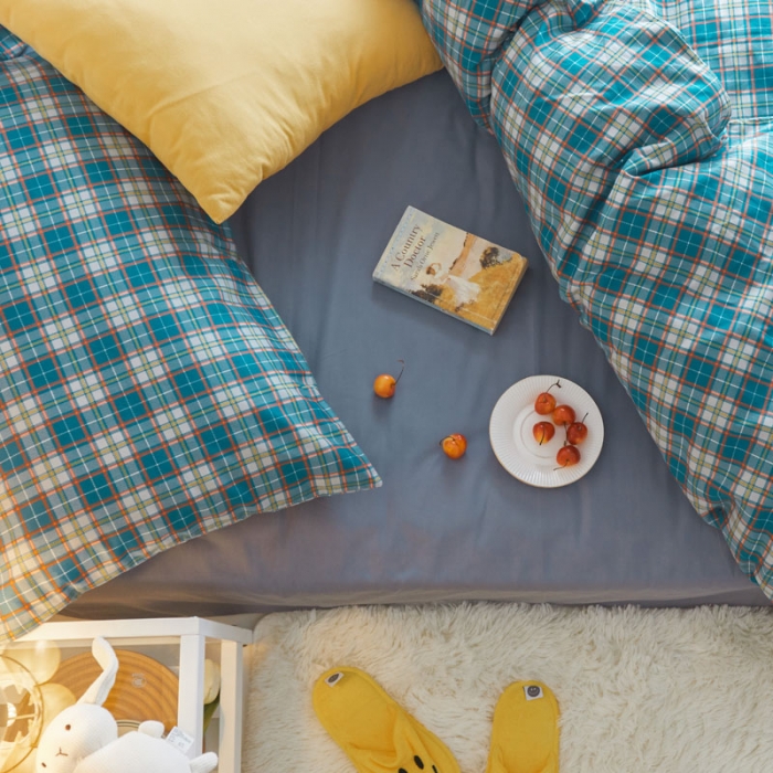 91家纺网 家纺一手货源 找家纺 梦家居 2020新款全棉复古格系列四件套 温柔小蓝格