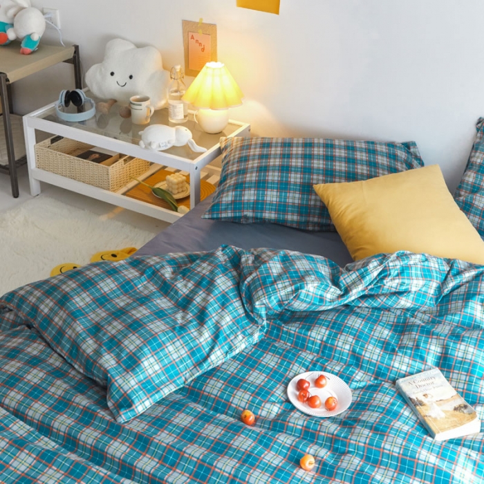 91家纺网 家纺一手货源 找家纺 梦家居 2020新款全棉复古格系列四件套 温柔小蓝格