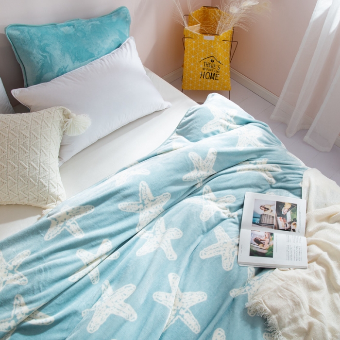 91家纺网 家纺一手货源 找家纺 来菲2025新款印花法兰绒法莱绒毛毯加厚多功能保暖盖毯子海星