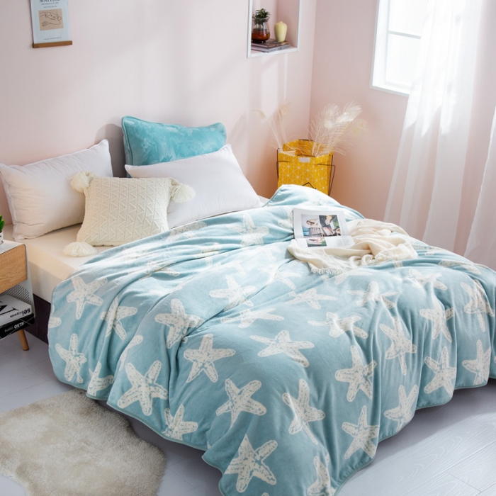 91家纺网 家纺一手货源 找家纺 来菲2025新款印花法兰绒法莱绒毛毯加厚多功能保暖盖毯子海星