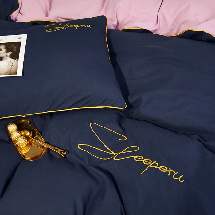 91家纺网 家纺一手货源 找家纺 曼谷 新款轻奢刺绣四件套菲洛斯系列 菲洛斯-藏青+粉