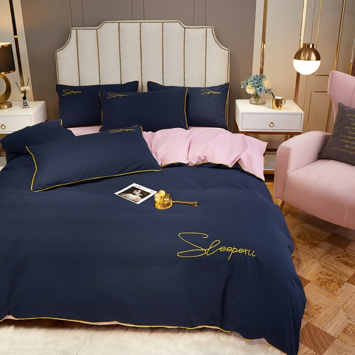 91家纺网 家纺一手货源 找家纺 曼谷 新款轻奢刺绣四件套菲洛斯系列 菲洛斯-藏青+粉