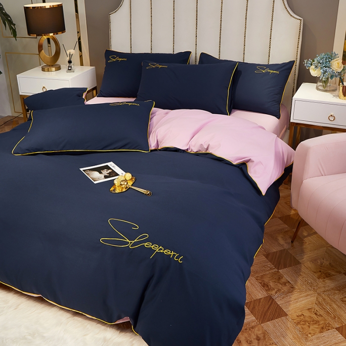 91家纺网 家纺一手货源 找家纺 曼谷 新款轻奢刺绣四件套菲洛斯系列 菲洛斯-藏青+粉