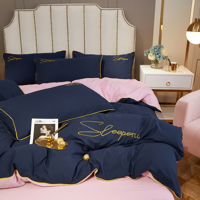 91家纺网 家纺一手货源 找家纺 曼谷 新款轻奢刺绣四件套菲洛斯系列 菲洛斯-藏青+粉