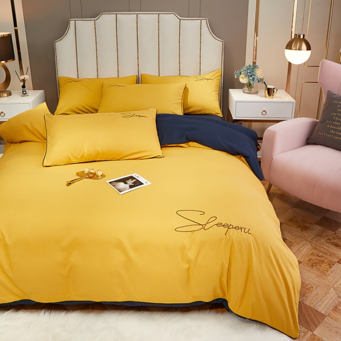 91家纺网 家纺一手货源 找家纺 曼谷 新款轻奢刺绣四件套菲洛斯系列 菲洛斯-黄+藏青