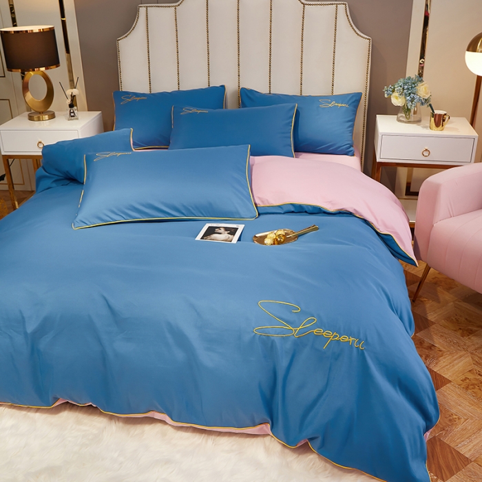 91家纺网 家纺一手货源 找家纺 曼谷 新款轻奢刺绣四件套菲洛斯系列 菲洛斯-蓝+粉