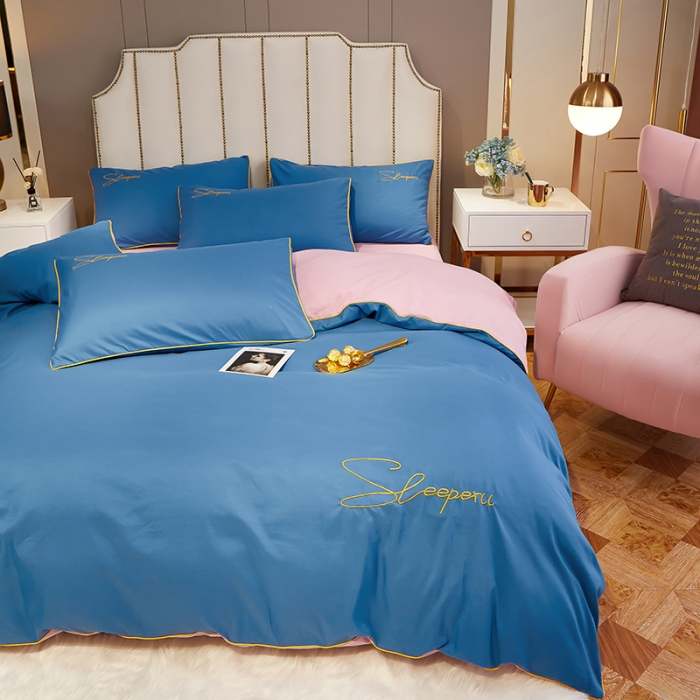 91家纺网 家纺一手货源 找家纺 曼谷 新款轻奢刺绣四件套菲洛斯系列 菲洛斯-蓝+粉