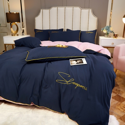 91家纺网 家纺一手货源 找家纺 曼谷 新款轻奢刺绣四件套菲洛斯系列 菲洛斯-藏青+粉