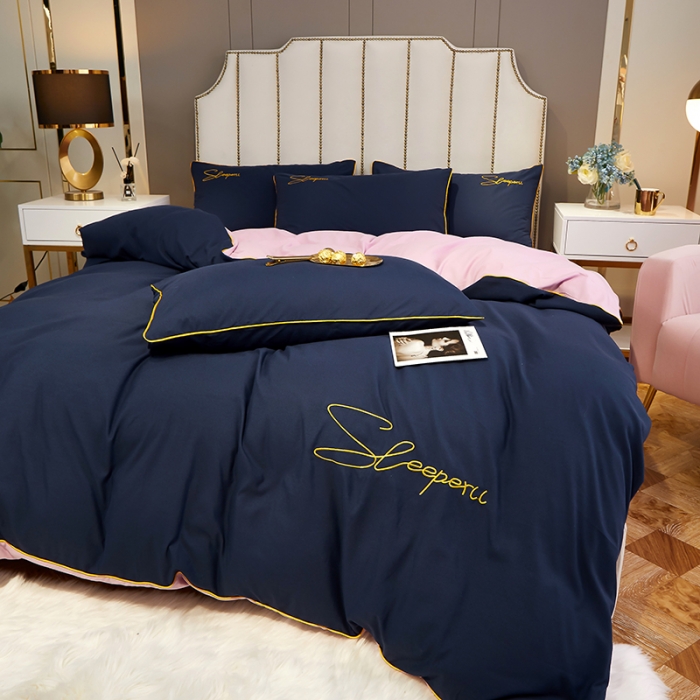 91家纺网 家纺一手货源 找家纺 曼谷 新款轻奢刺绣四件套菲洛斯系列 菲洛斯-藏青+粉