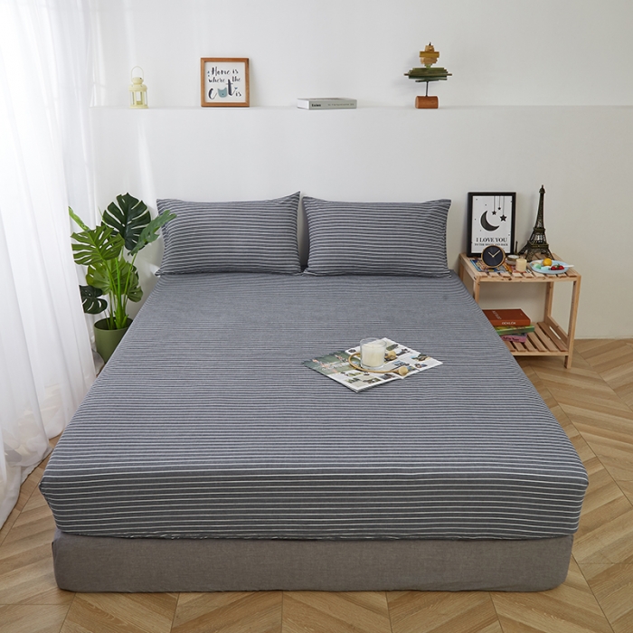 91家纺网 家纺一手货源 找家纺 久典家居 2020新款水洗棉单品床笠 灰细条