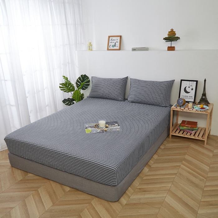 91家纺网 家纺一手货源 找家纺 久典家居 2020新款水洗棉单品床笠 灰细条