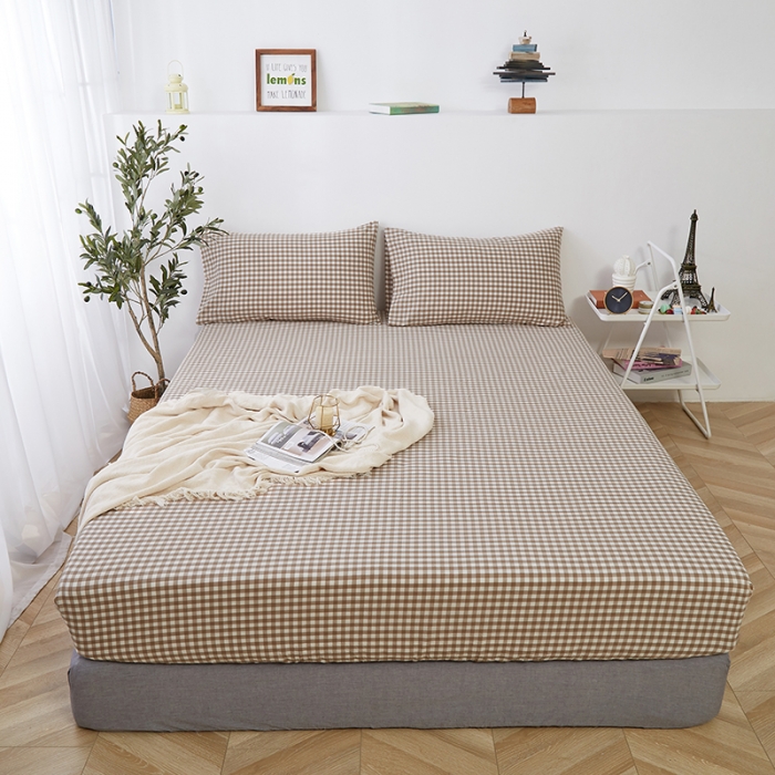 91家纺网 家纺一手货源 找家纺 久典家居 2020新款水洗棉单品床笠 浅咖小格