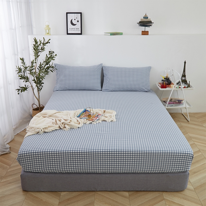 91家纺网 家纺一手货源 找家纺 久典家居 2020新款水洗棉单品床笠 浅兰小格