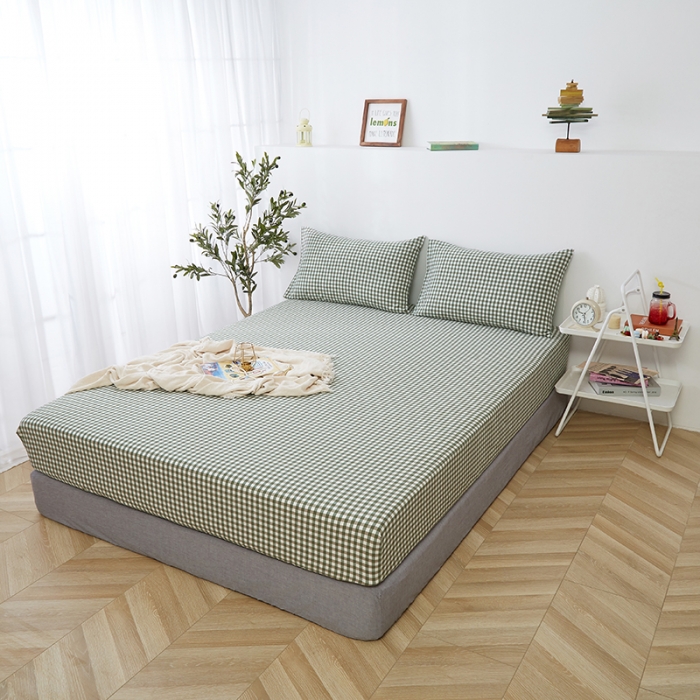 91家纺网 家纺一手货源 找家纺 久典家居 2020新款水洗棉单品床笠 浅绿小格