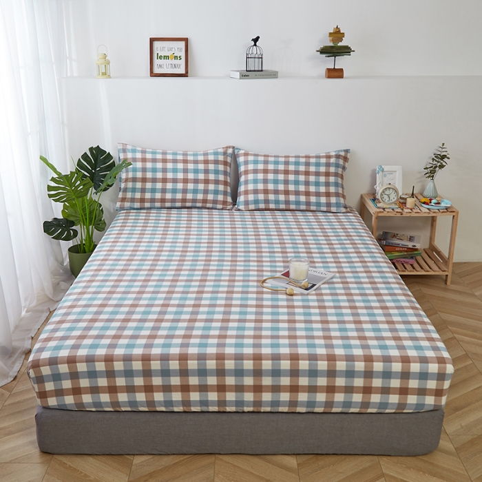 91家纺网 家纺一手货源 找家纺 久典家居 2020新款水洗棉单品床笠 中格蓝