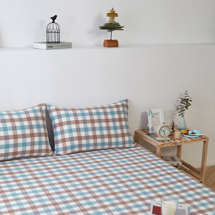 91家纺网 家纺一手货源 找家纺 久典家居 2020新款水洗棉单品床笠 中格蓝