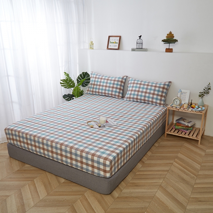 91家纺网 家纺一手货源 找家纺 久典家居 2020新款水洗棉单品床笠 中格蓝