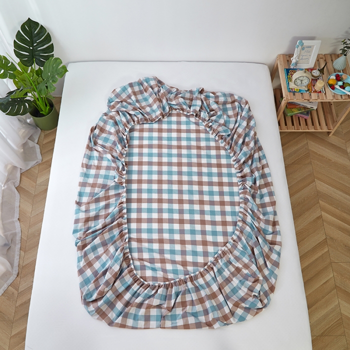 91家纺网 家纺一手货源 找家纺 久典家居 2020新款水洗棉单品床笠 中格蓝