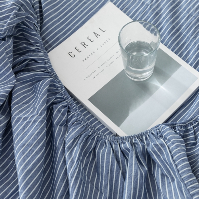 91家纺网 家纺一手货源 找家纺 久典家居 2020新款水洗棉单品床笠 蓝细条