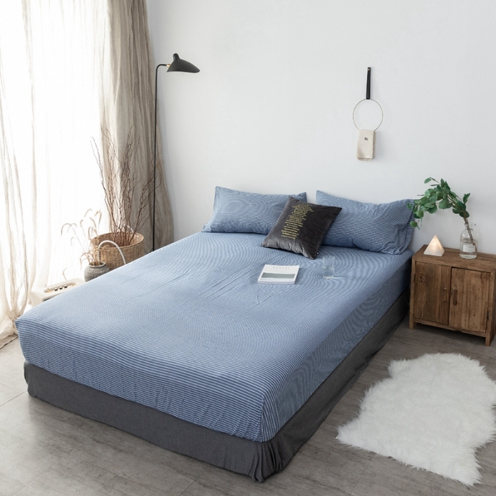 91家纺网 家纺一手货源 找家纺 久典家居 2020新款水洗棉单品床笠 蓝细条