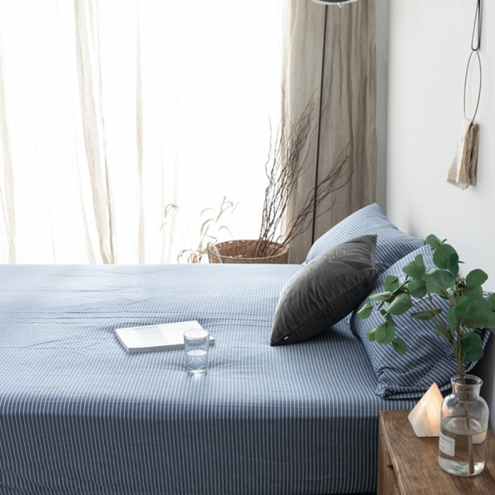 91家纺网 家纺一手货源 找家纺 久典家居 2020新款水洗棉单品床笠 蓝细条