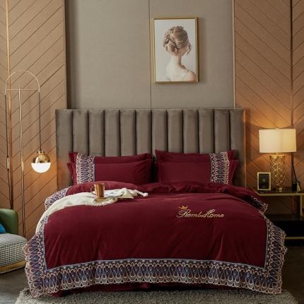 91家纺网 家纺一手货源 找家纺 金米诺爆款公主风工艺款纯色加厚水晶绒绣花四件套赫拉之恋-酒红