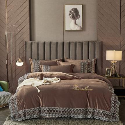 91家纺网 家纺一手货源 找家纺 金米诺爆款公主风工艺款纯色加厚水晶绒绣花四件套赫拉之恋-卡其