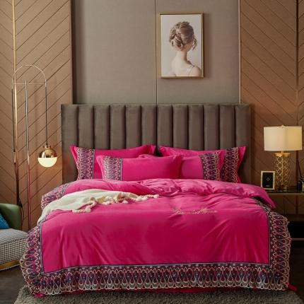 91家纺网 家纺一手货源 找家纺 金米诺爆款公主风工艺款纯色加厚水晶绒绣花四件套赫拉之恋-玫红