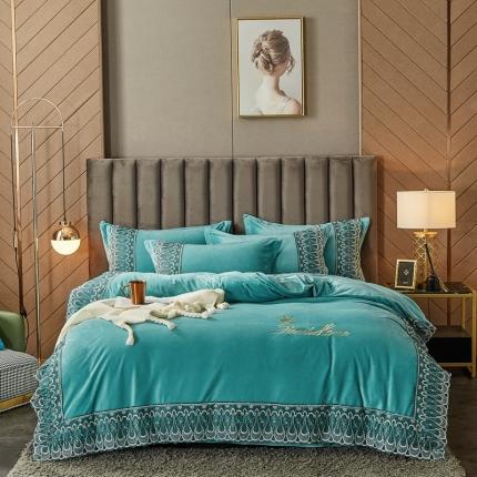 91家纺网 家纺一手货源 找家纺 金米诺爆款公主风工艺款纯色加厚水晶绒绣花四件套赫拉之恋-浅绿