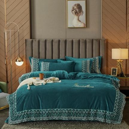 91家纺网 家纺一手货源 找家纺 金米诺爆款公主风工艺款纯色加厚水晶绒绣花四件套赫拉之恋松石绿