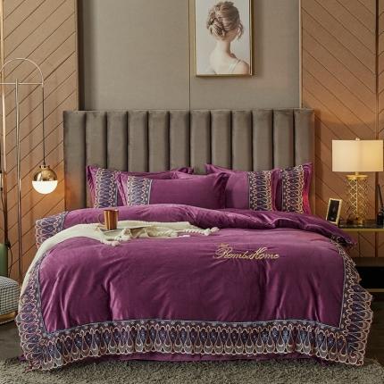 91家纺网 家纺一手货源 找家纺 金米诺爆款公主风工艺款纯色加厚水晶绒绣花四件套赫拉之恋-紫色