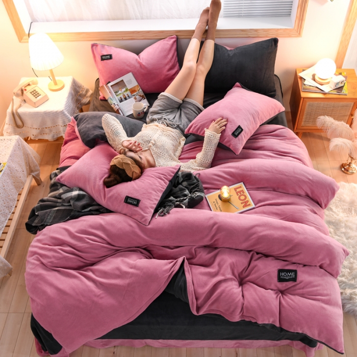 91家纺网 家纺一手货源 找家纺 唐人居 2025新款牛奶绒双拼贴布绣四件套 格调-豆沙